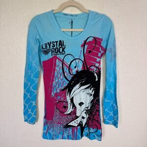 Christian Audigier Crystal Rock Shirt Women Small Rocker Girl Skater Y2K Tunic